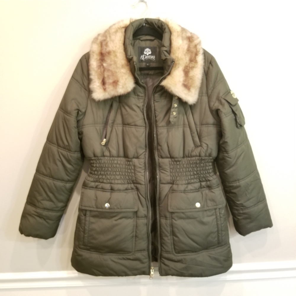 Dereon Puffer Coat With Faux Fur Olive Size Large